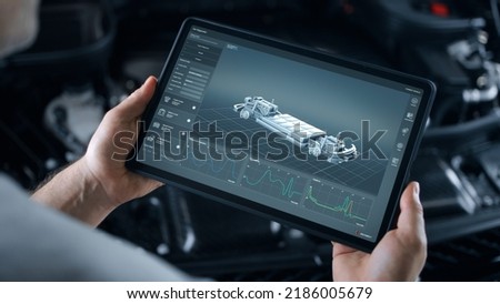 Application for a digital tablet for wireless diagnostics and analysis of the technical condition of the electric motor in the car and the state of the battery. Car model shown in 3D projection 
