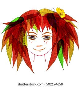 Application, Face Made Of Dried Pressing Multicolor Columbine Flowers, Long Stiff Brown Iris. Small Yellow Butterfly In Orange Hair From Elm And Red Transparent Leaves