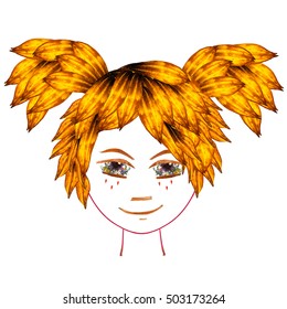 Application, Face Made Of Dried Pressing Multicolor Columbine Flowers, Long Stiff Brown Iris. Small Yellow Butterfly In Orange Hair From Elm Transparent Leaves