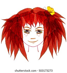 Application, Face Made Of Dried Pressing Multicolor Columbine Flowers, Long Stiff Brown Iris. Small Yellow Butterfly In Orange Hair From Elm And Red Transparent Leaves