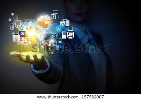 Application icons in human hand. Wireless technologies