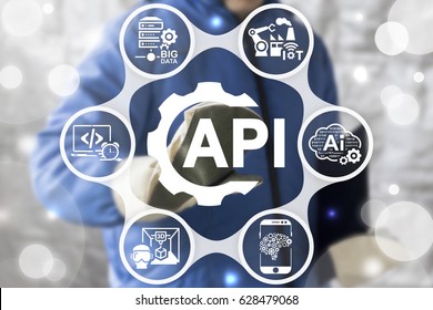 Application Programming Interface Industry 4 Concept. Worker Touched Gear API Icon On Virtual Screen On Background Of Network IoT, SERVER BIG DATA, AI, Computing, Cloud, VR 3D PRINT, Robotic IT Icon.