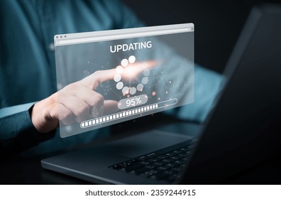 Application software update or hardware upgrade technology concept, Firmware and Operating System update, Man using a computer with percent progress bar virtual screen. Automatic installing app patch.