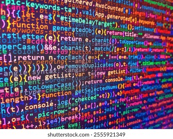 Application source code background. Pixelated data stream on digital interface with binary code, encryption concept, and glowing dots. Pink color. Silicon chip wafer reflecting different colors.
