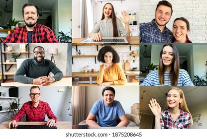Application view of multiracial work team, headshots of diverse group of young people looks at the camera and smile. Concept of virtual conference, video call, online meeting