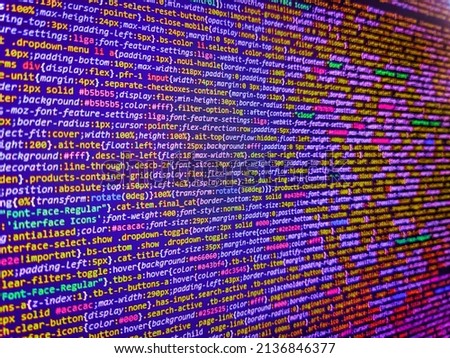 Application web source code on monitor. Web development javascript HTML5 code close up. HTML code on lcd screen. Abstract source code background