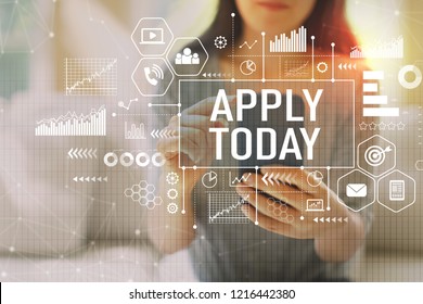 Apply Today With Woman Using Her Smartphone On A Couch