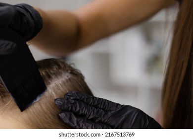 applying cream or ointment or paint or medicine on the head to the hair. head hair treatment, hair care. beauty salon, cosmetology. - Shutterstock ID 2167513769