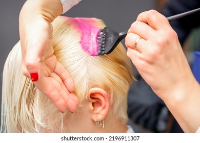 Applying pink dye with the brush on the white hair of a young blonde woman in a hairdresser salon - Powered by Shutterstock