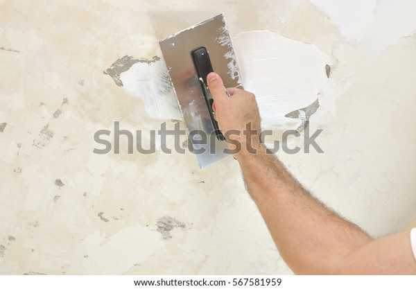 Applying Spackle Compound Finishing Trowel Ceiling Stock Photo