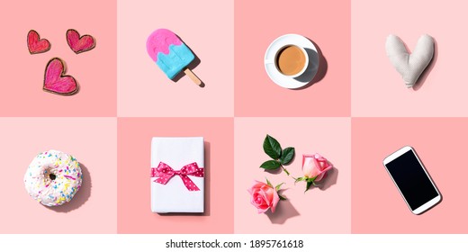 Appreciation Theme With Roses, Smartphone, Coffee, And Gift Box - Flatlay