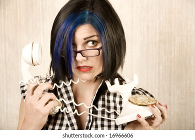 Apprehensive Young Wrapped In A Vintage Phone Cord