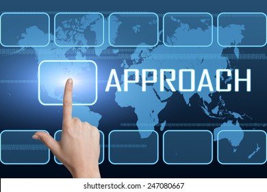 Approach concept with interface and world map on blue background