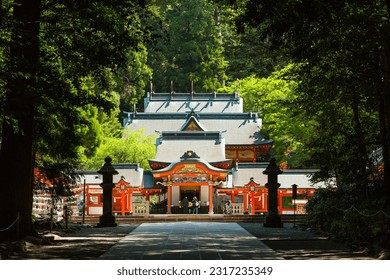 The approach and shrine of Kirishima Jingu Shrine in Kirishima City, Kagoshima Prefecture, Japan