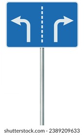 Appropriate traffic lanes for different manoeuvres at a junction ahead road sign, isolated blue signpost, white arrows signboard frame, divorce and life crisis concept metaphor grey pole post vertical