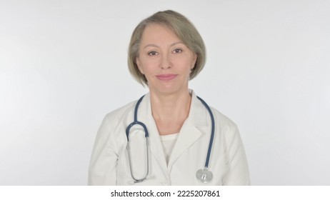 Approval By Old Female Doctor, Shaking Head On White Background