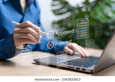 Approval certification document Quality control concept, Businesswomen choose to approve or reject online certificate documents, Checklist management assurance, Pass inspection accept approved, survey