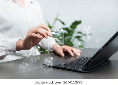 Approval of electronic documents on a virtual screen, online via laptop, document management concept, submit project reviews with highly secure data files, connection to efficient paperless systems.