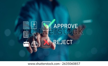 Approval and rejection interface concept with document icons and finger pressing green check mark. Ideal for digital workflow, decision making, business automation, and document review themes.