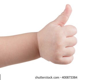 Approval Thumbs Up Like Sign, Caucasian Child Hand Gesture Isolated Over White Background