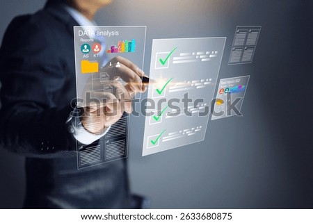 Approve and evaluation concept with manager tick on check mark to evaluate test report and data analysis report from digital cooperation