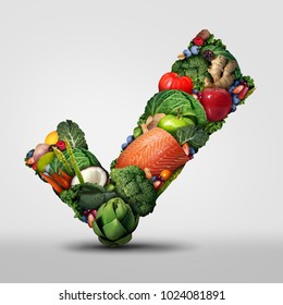 Approved healthy food and a symbol for raw organic fresh food as a check mark shaped with vegetables fruit nuts fish and beans as a dietary icon.