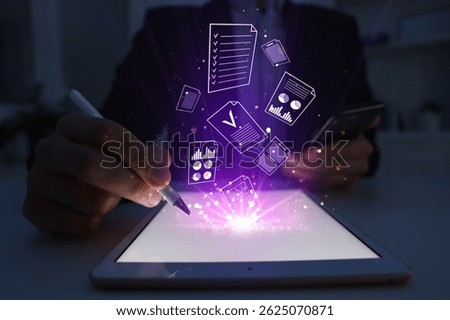 Approved. Virtual documents flying out of tablet computer. Man using device at table, closeup