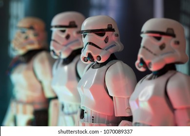 APR 15 2018:  Selective Focus on row of Star Wars Imperial Stormtroopers standing at attention aboard the Death Star - Hasbro Black Series 6 inch action figures 