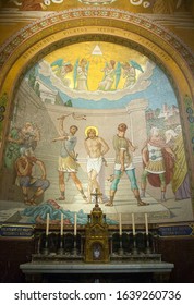 Apr 28. 2014 Lourdes France Soldiers took Jesus and scourged. Monumental mosaic murals adorn the interior of Rosary Basilica.
