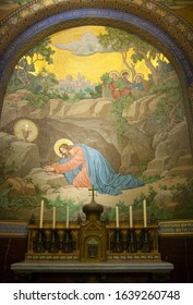 Apr 28. 2014 Lourdes France Drops of Jesus blood falling to the ground. Monumental mosaic murals adorn the interior of Rosary Basilica.
