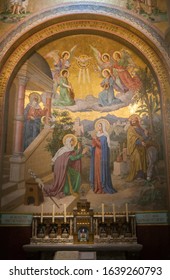 Apr 28. 2014 Lourdes France Blessed is the fruit of thy womb. Monumental mosaic murals adorn the interior of Rosary Basilica