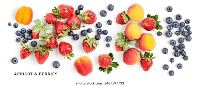 Apricot, blueberry and strawberry fruit collection isolated on white background. Healthy eating and dieting food concept. Summer fruits berries set. Design element. Top view, flat lay
 - Powered by Shutterstock