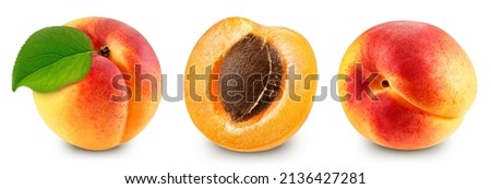 Apricot collection with leaf isolate. Apricot slice and half on white. Apricot clipping path.