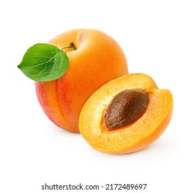 Apricot fruit with half of apricot and apricot kernel isolated on white background.