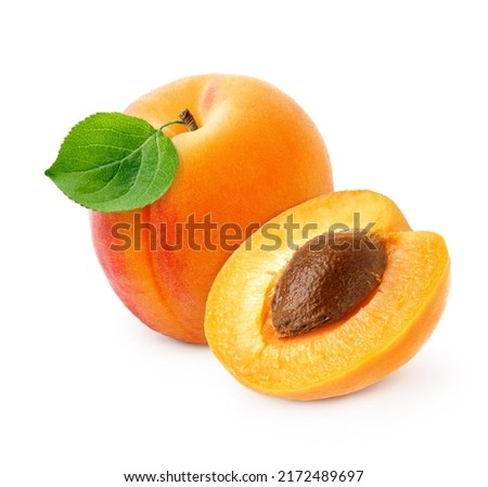Apricot fruit with half of apricot and apricot kernel isolated on white background.