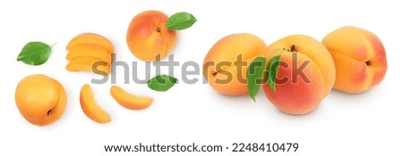 apricot fruit with half and slices isolated on white background. Top view. Flat lay