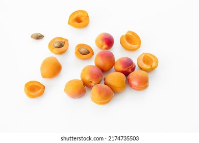 Apricot isolate. Apricots on white. Apricot slice. Set of apricots