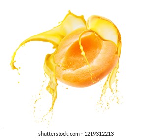 apricot in juice splash isolated on a white background