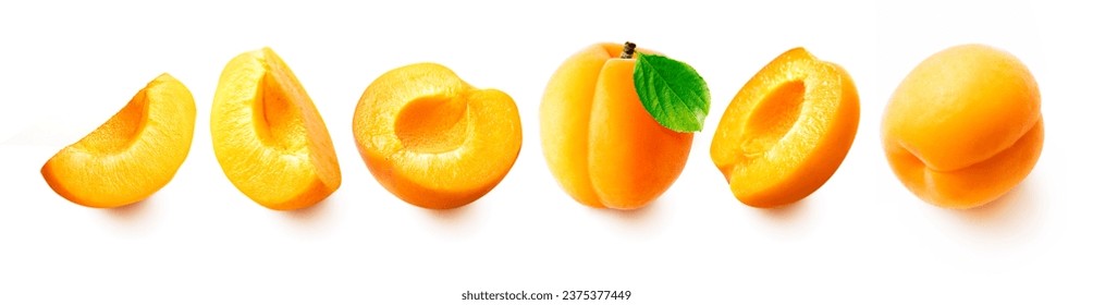 Apricot set isolated on white background. Fresh apricots - half, slice and whole apricots with leaf.