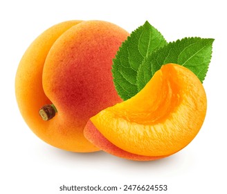 Apricot and apricot slice with leaves isolated on white background.