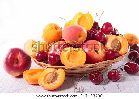 Image, Stock Photo Fresh peaches and apricots in wooden box