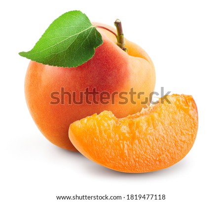 Apricots. Apricot isolate. Apricots with leaf and slice on white. Apricots leaf. With clipping path. Full depth of field. 