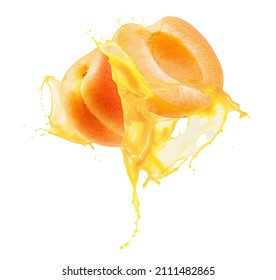 apricots in juice splash isolated on a white background