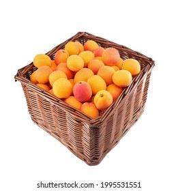 Apricots In A Square Wicker Basket On White Background. Top View.	