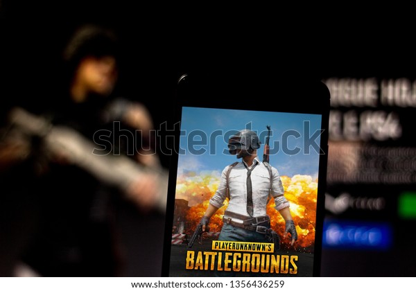 April 1, 2019, Brazil. Play PlayerUnknown's Battlegrounds (PUBG) on the screen of the mobile device. PUBG is an electronic multiplayer game.