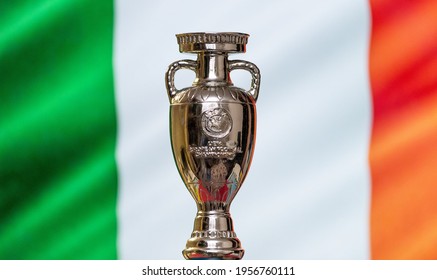 April 10, 2021. Dublin, Ireland. UEFA European Championship Cup With The Irish Flag In The Background.