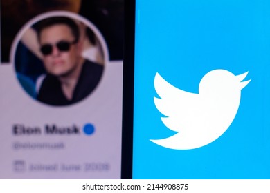 April 11, 2022, Brazil. In this photo illustration the Twitter logo seen displayed on a smartphone with the Elon Musk's official Twitter profile