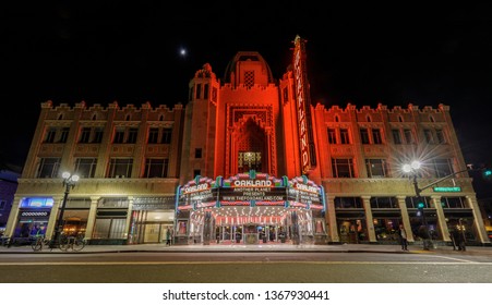 April 12, 2019 - Oakland, California: Fox Oakland Theatre At Night With A Crescent Moon.