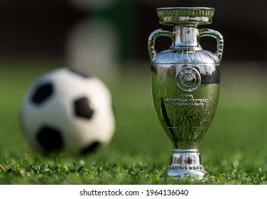 April 13, 2021 Moscow, Russia. The UEFA European Football Championship Cup On The Green Lawn Of The Football Stadium.