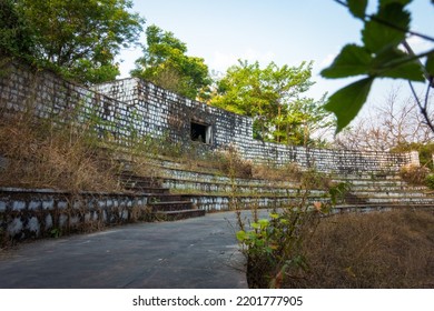 April 13th 2022. Uttarakhand India. Empty Remains Of A Dormant Outdoor Auditorium Building Full Of Wild Vegetation Growing All Around.